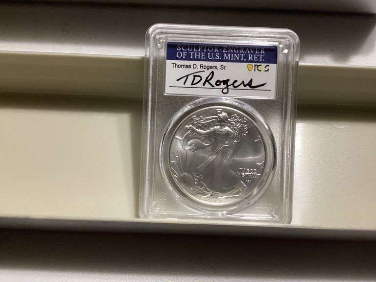 2021 American Silver Eagle PCGS MS70 First Day of Issue Signed by Sculptor Thomas D. Rogers image
