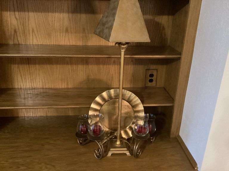 Gold Colored Lamp with Candle Holders and Plate image