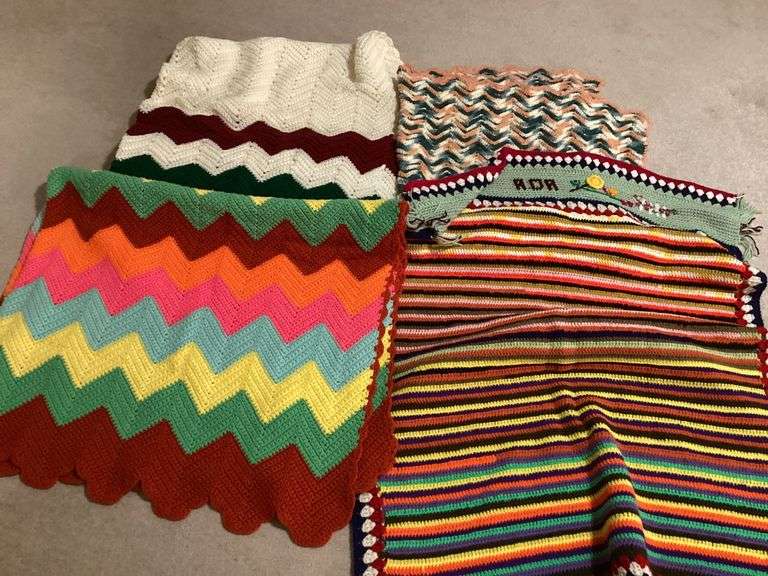 Lot of 5 Colorful Crocheted Blankets image