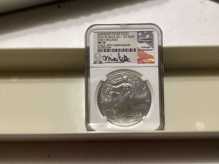 2016 W Burnished Silver Eagle $1 LET Edge, MS70 Mike Castle Autographed image