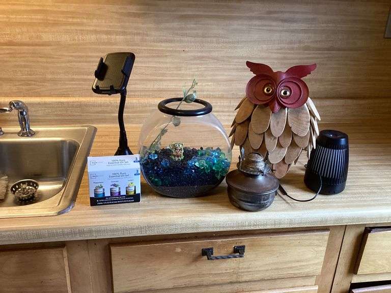 Assorted Home Decor Items: Owl Figurine, Terrarium, Oil Diffuser, and Essential Oil Set image