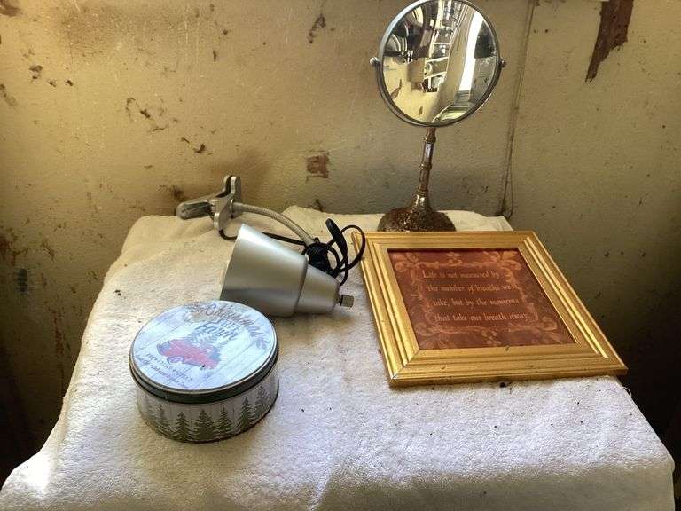 Assorted Household Items: Vanity Mirror, Desk Lamp, Decorative Tin, and Framed Art image