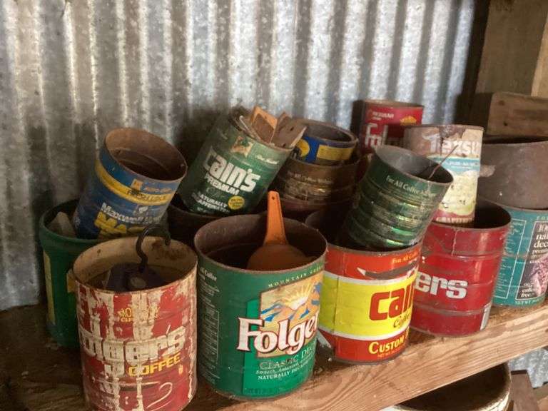 Mixed Lot of Coffee Cans, Hardware, and a Work Light image