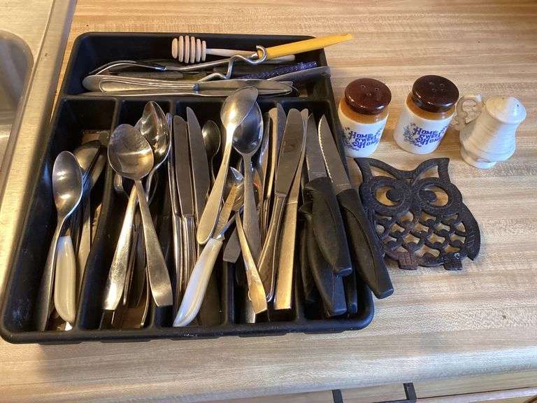 Assorted Kitchen Utensils, Salt and Pepper Shakers, and Cast Iron Owl image