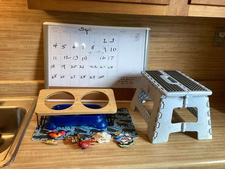 Raised Double Pet Feeding Station, Step Stool, and Travel Souvenir Magnets image