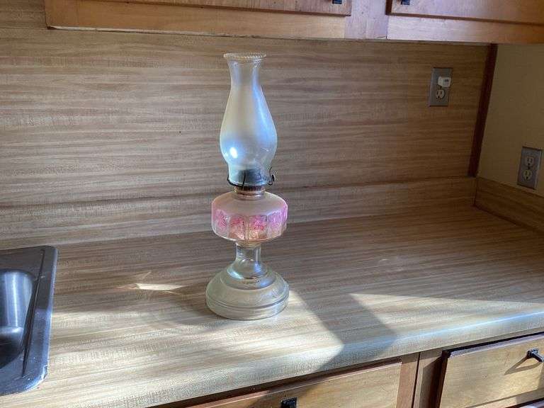 Vintage Clear Glass Oil Lamp with Pink Floral Design image
