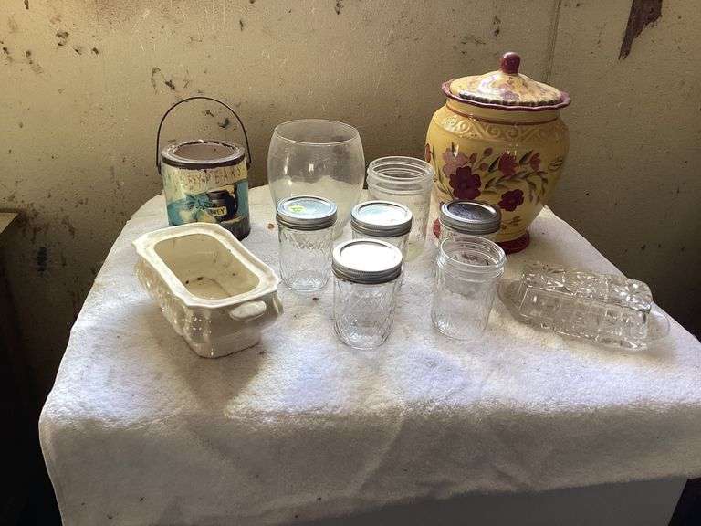 Assorted Glassware, Jars, and Painted Cookie Jar Collection image
