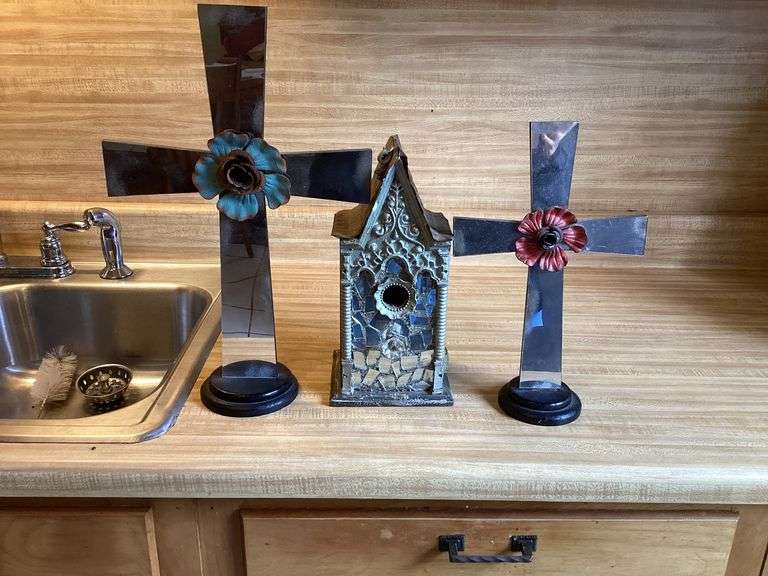 Metal Crosses and Birdhouse Decor Grouping image
