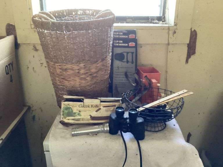 Assorted Household Items: Basket, Electric Knife, Binoculars, & More image
