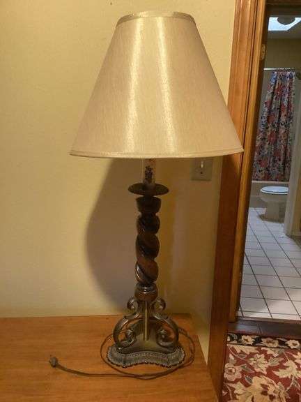 Table Lamp with Spiral Wood Column and Beige Shade image