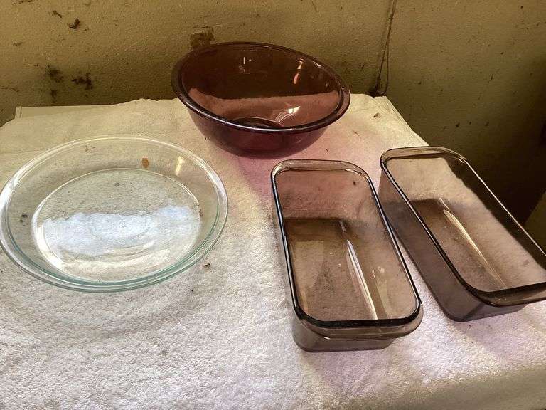 Pyrex and Glasbake Clear and Purple Glass Kitchenware Set image