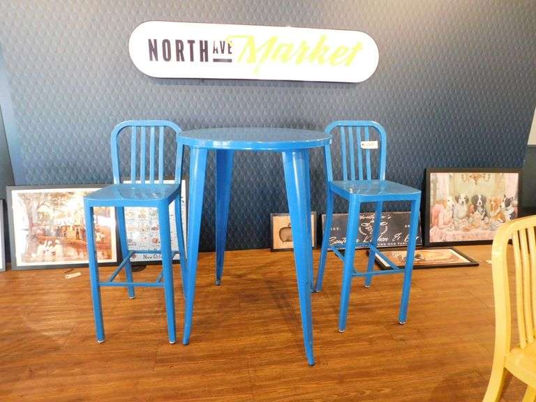 30" Blue Metal High Top Table w/ (2) Matching Bar Stools image