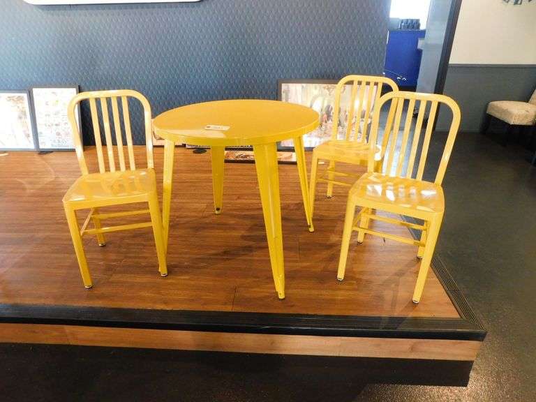 30" Yellow Metal Table w/ (3) Matching Chairs image