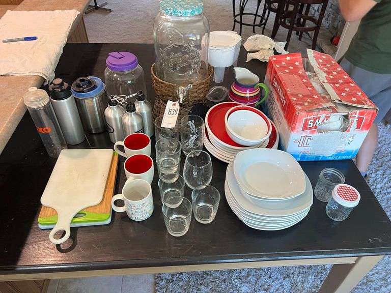 Assorted Plates, Cups, Mugs, Jugs, Drink Dispenser & Cutting Board