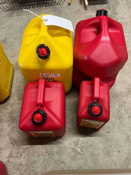 (1) 1 Gallon Gas Can, (1) 2 Gallon Gas Can, (1) 5 Gallon Diesel Can, & (1) 5 Gallon Gas Can image