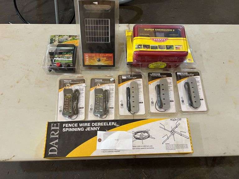 DARE DE60 Enforcer-Low Impendance Electric Energizer, DARE Model DS20 Solar Electric Fence Energizer, DARE Fence Wire Dereeler/Spinning Jenny, Parkman Precision Super Energizer 5 Fence Charger, (2) Electric Fence Volt Tester, & (2) Electric Fence Tester image