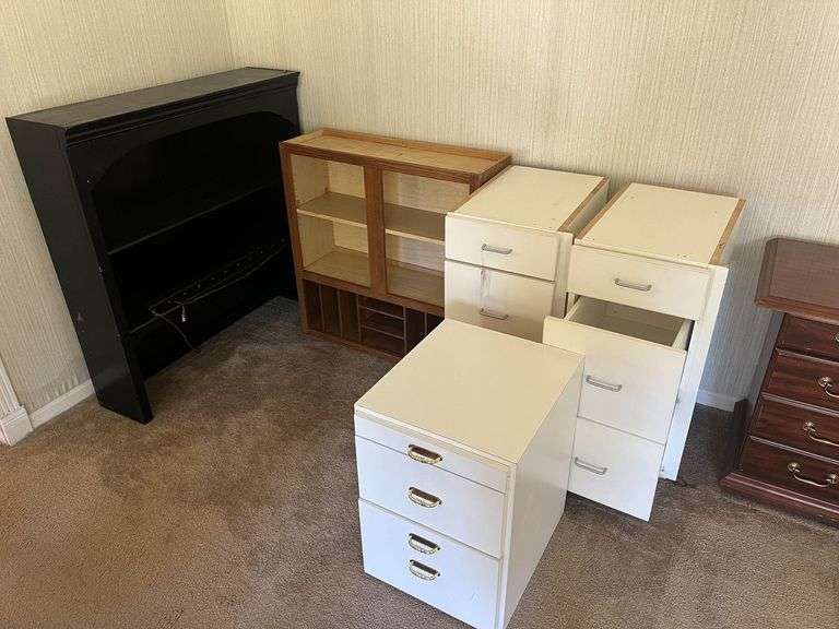 Black, 2-Shelf, 44" x 45" x 11.5, Brown Organizer, 36" x 36" x 11.5", 2-3 Drawer White Base Cabinets, 16.25" x 34" x 22", 1-3 Drawer White Base Cabinets, 17.25" x 24" x 20.5"