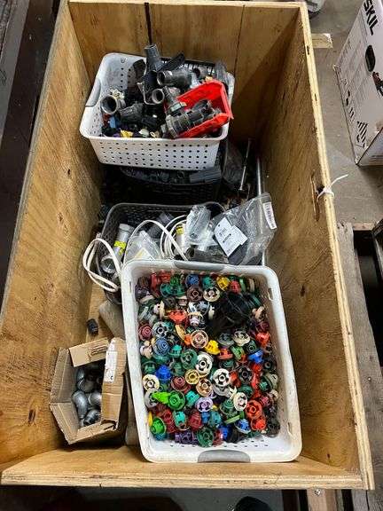 Assorted Irrigation Sprinkler Parts (Wood Box Included) image