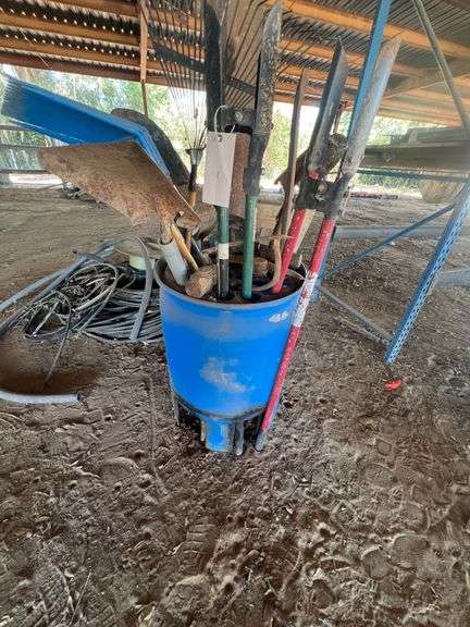 Barrel of Yard Tools - Shovels, Rakes, Sledge Hammer, Hole Diggers (2 Sets), image