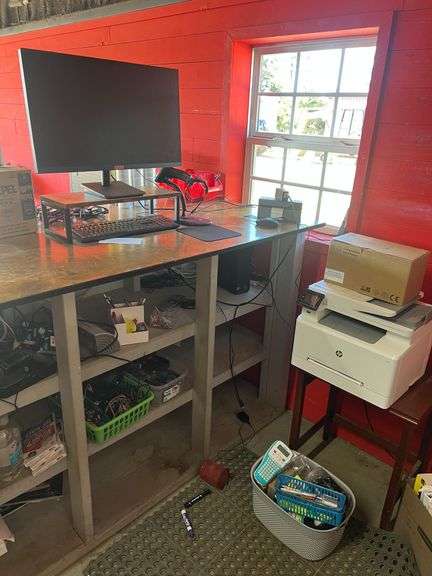 Contents Under Counter Includes Computer Monitor, Keyboard, Printer, Etc. , Bookshelf Behind Counter image