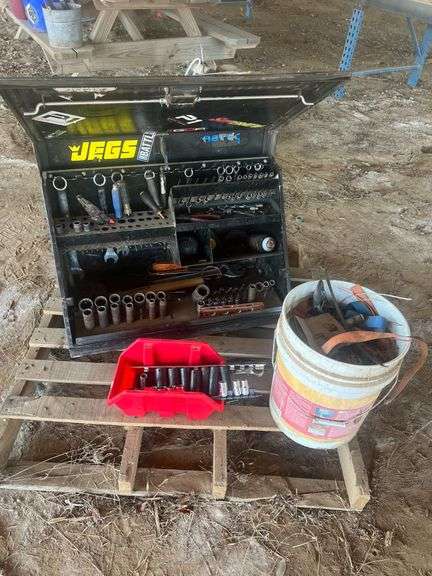 Contents of Pallet - John Deer Tool Box 30 1/2", Bucket of Tools, & Impacts image