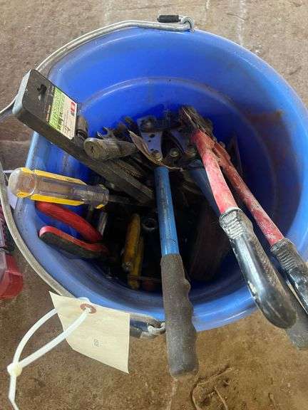 Bucket of Tools, Wrenches, Bolt Cutters, Screw Drivers, & Pliers image