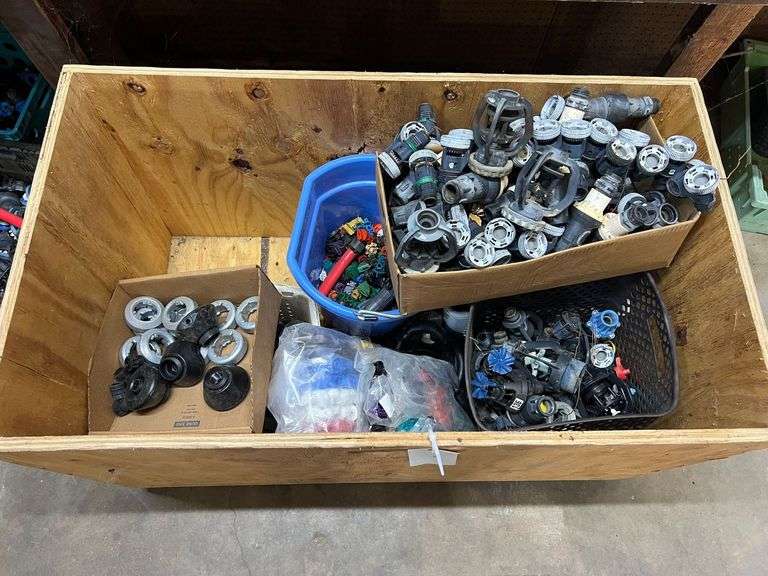 Assorted Irrigation Sprinkler Parts (Wood Box Included) image