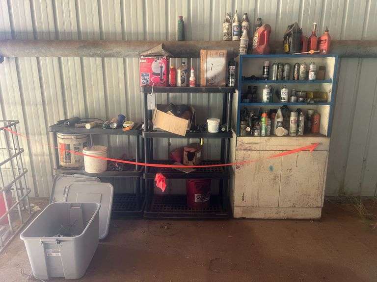 Plastic Shelves with Contents, Metal Shelf/Cabinet with Contents, & Metal Cage image