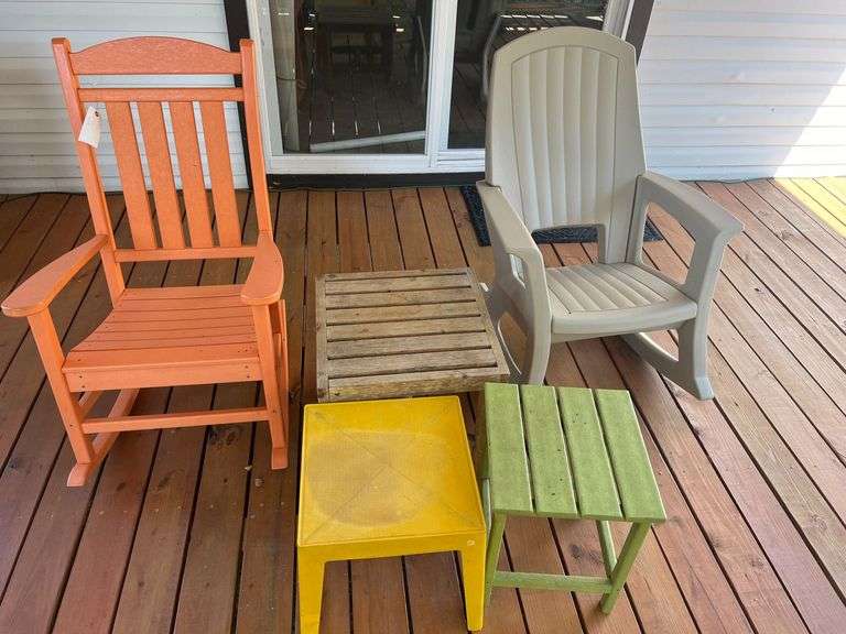 (2) Resin Rocking Chairs, (3) Patio End Tables