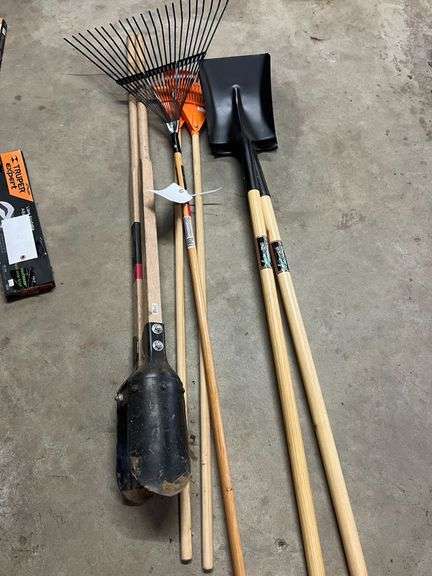 Post Hole Digger, (2) Shovels, (2) 8" Rakes, & Medium Duty Rake image