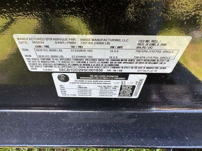 2024 BWise DT716PLE-16-A Dump Trailer, VIN: 58CB1DD29SC001850