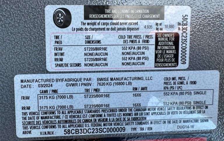 2024 BWise DUG14-16 Dump Trailer, VIN: 58CB3DC23SC000009