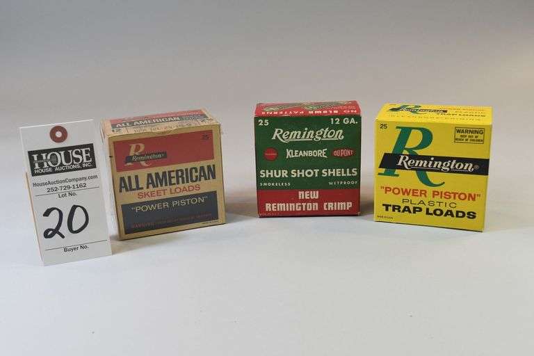 1. Remington All American Skeet loads “Power Piston” red, white & blue box. 2. Remington “Power Piston” Trap Loads. 12 ga. 3. Remington Shur Shot Shells. 12 ga. Green & Red box