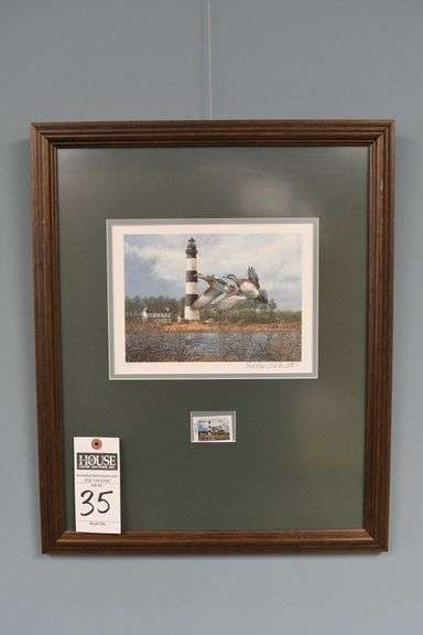1992 NC Waterfowl Stamp and Print, Bodie Island Lighthouse with Wigeon – framed and matted.