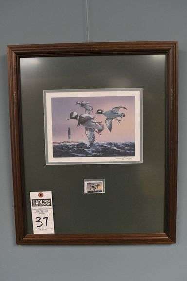 1994 NC Waterfowl Stamp and Print, Oak Island Lighthouse with Bufflehead – framed and matted.
