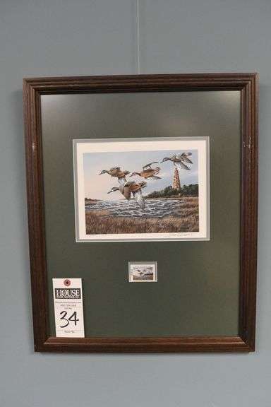 1991 NC Waterfowl Stamp and Print, Old Baldy Lighthouse with Blue Wing Teal – framed and matted.