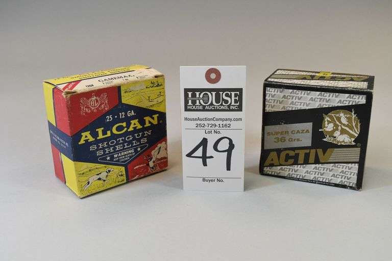 1. Alcan Shotgun Shells. 12 ga. 2. ACTIV Super Caza shotgun shell box.