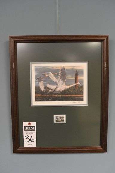1993 NC Waterfowl Stamp and Print, Currituck Lighthouse with Tundra Swan – framed and matted.