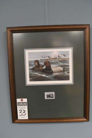 1990 NC Waterfowl Stamp and Print, Cape Lookout Lighthouse with Redheads – framed and matted.