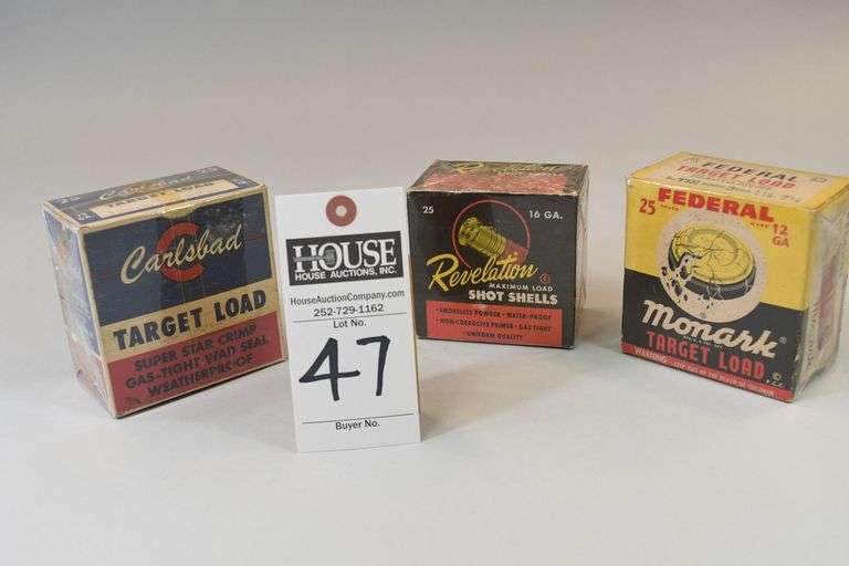 1. Carlsbad Ammo Co., Sacramento, CA. Target load. 12ga. 2. Revelation Shotgun shells. 16 ga. 3. Federal Monark Target Load. 12 ga.