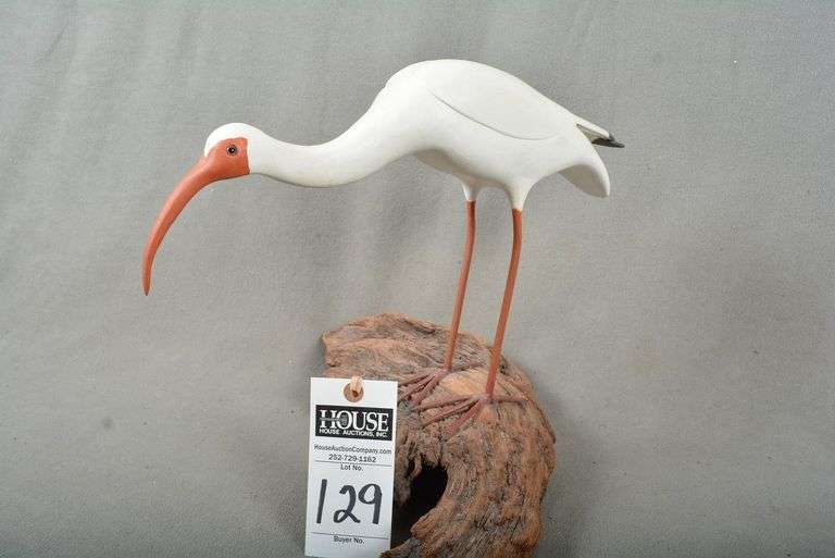 White Ibis on driftwood by Homer Fulcher, Stacy, NC, dated 1990, signed by the maker image