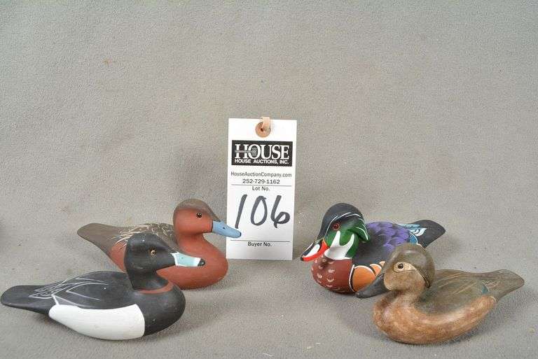 Four miniature decoys by Joseph B. Lee, all signed by the maker - Wood Duck drake & hen, Cinnamon Teal and Ring Neck drake image
