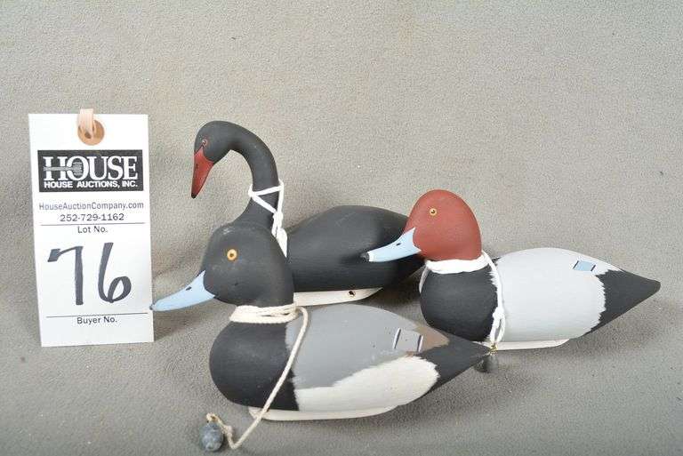 Three miniature decoys by Wayne Davis, Harkers Island, NC - Scaup Drake, Redhead Drake and Black Swan, dated 2012, all signed by the maker image