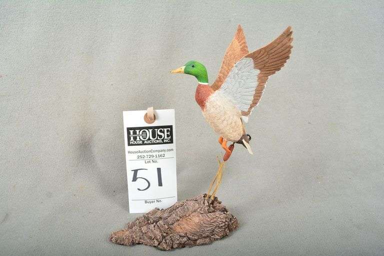 Mallard drake miniature, in flight on driftwood, by Bill Chrisman, dated 2005, signed by the maker