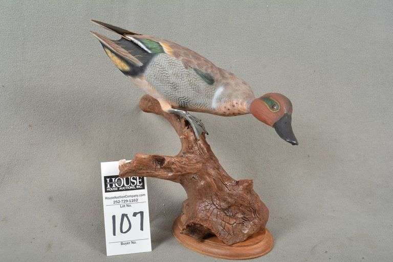 Green Wing Teal drake on driftwood, by unknown maker, extraordinary carving and paint work image