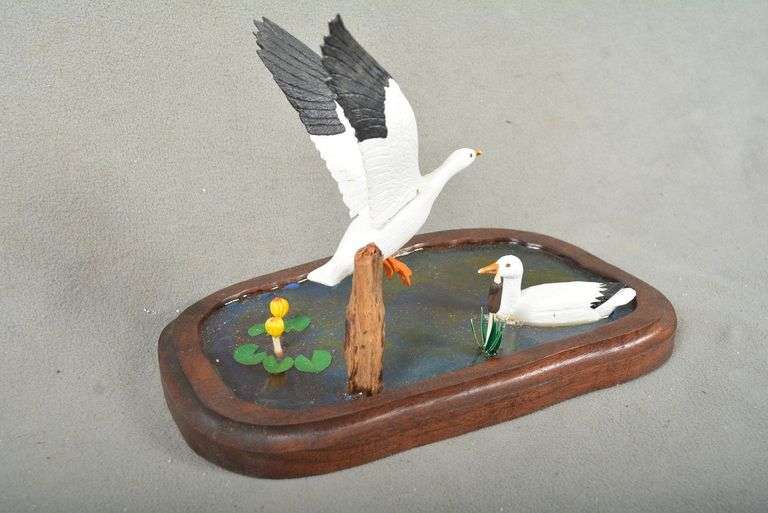 Two miniature Snow Geese on stand, by Charles W. Dowell, signed by the maker image