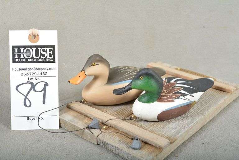 Two miniature Shoveler decoys, in a hanging style plaque, by Joseph B. Lee, dated Oct 20089, signed by the maker image