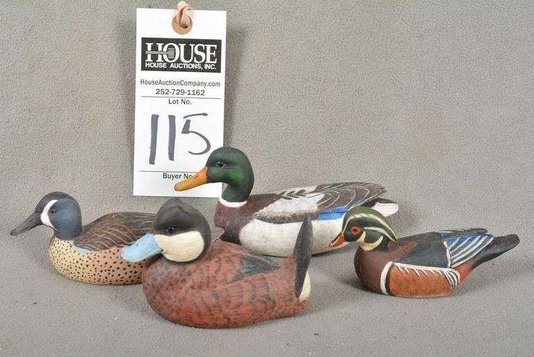 Four miniature decoys by Clifton Cherry, all signed by the maker - Ruddy Duck, Mallard Wood Duck and Blue Wing Teal - all drakes image