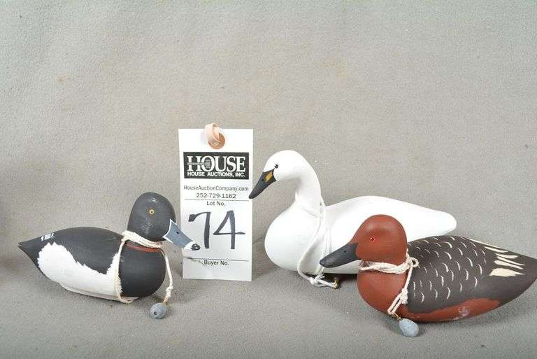Three miniature decoys by Wayne Davis, Harkers Island, NC -  Cinnamon Teal Drake, Swan and Ring Neck drake, dated 2013 image