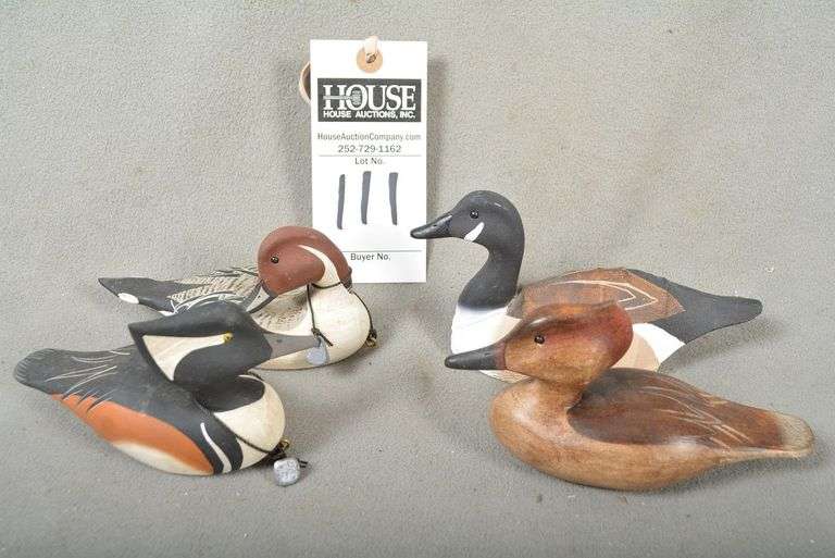 Four miniature decoys by Joseph B. Lee all signed by the maker - Hooded Mergansers, Pintal and Canada Goose image